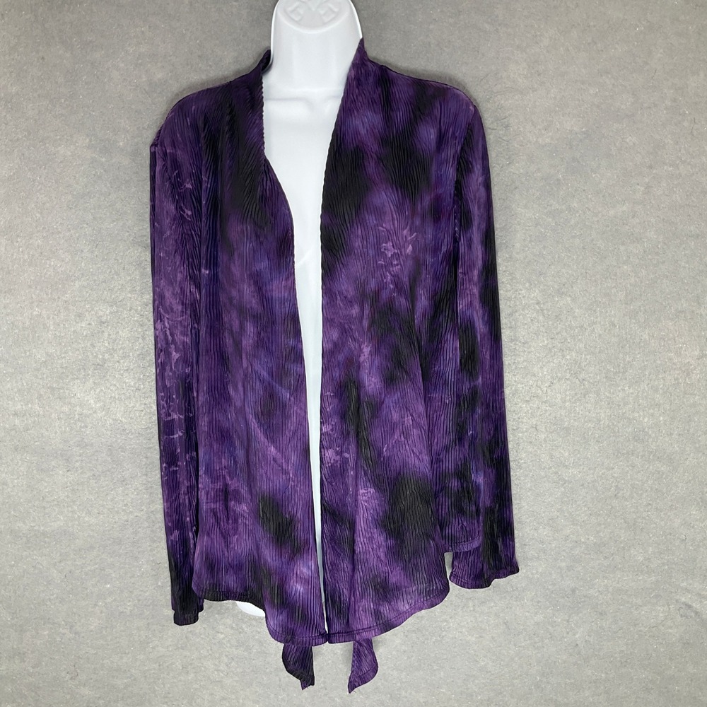 Travelers Collection by Chico's Open Cardigan L Purple Black‎ Tie Dye Lagenlook